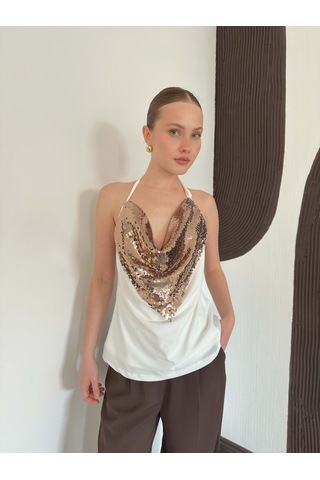 Verymoda Pullu Askılı Bluz D3079 Krem Bakır