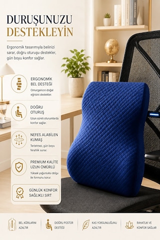 Ergonomik Ve Ortopedik Sırt Minderi Doğru Destek, Konforlu Oturuş Lacivert