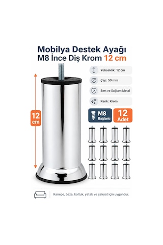 12 Adet Mobilya Kanepe Koltuk Baza Yatak Çekyat Yükseltme Ayağı M8 Ince Diş Metal Ayakları 12 Cm Diğer