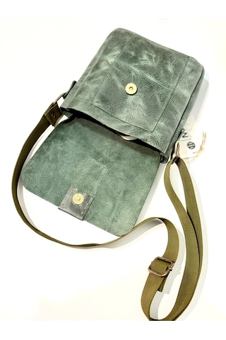 Natderi Hakiki Deri Unisex Omuz Ve Postacı Çanta - Ayarlanabilir Askılı Haki Renk 20x22 Cm Haki