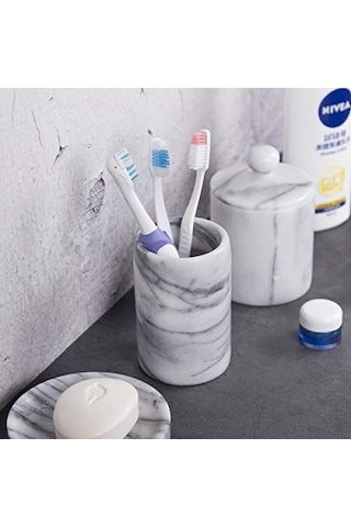 Lüks El Oyması Doğal Mermer Diş Fırçası Ve Makyaj Fırçası Tutacağı - Banyo, Vanity, Ofis Ve Masa Organizatörü İçin Ağır Hizmet Tayvan Yushan Taşı 8,4 Cm X 11,5 Cm, Off-beyaz 000 Açık Krem