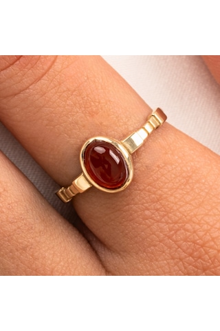 Gümüş Yüzük - Akik Taşlı Oval Kesim Boğumlu Tektaş Modern Tasarım 925 Ayar Gümüş Kadın Yüzük Sarı