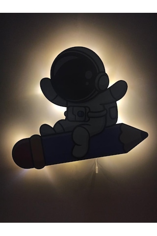 CajuArt Kalem Astronot Ahşap Led Işıklı Çocuk Odası Duvar Tablosu