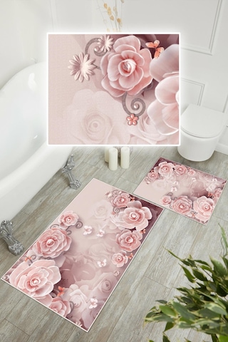 Dijital Baskı Gül Desen Kaymaz Taban 2li Set Banyo Paspası Klozet Takımı 50x60cm-60x100cm Pembe