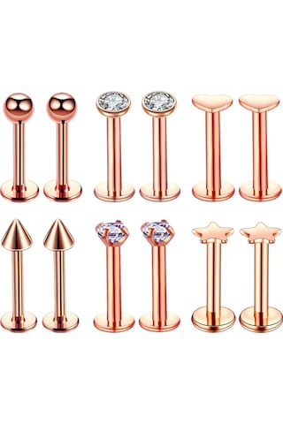 Vkemall 6 Çift Gümüş Çelik Gövde Delme Takımı - Gül Altın Renkli Dudak Piercingi, 1.2mm Çubuk Çapı, 8mm Uzunluk, 3-4mm Toplar Gold