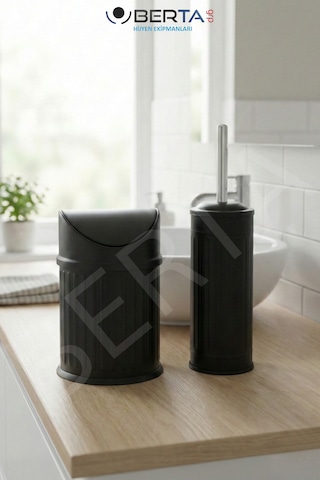Vintage İkili Banyo Seti Pratik Çöp Kovası 3lt Tuvalet Fırçası Lüks Model - Çöp Poşeti Hediye Siyah