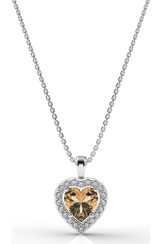 925 Ayar Sitrin Taşlı Rodyum Pırlanta Görünümlü Kalp Gümüş Kolye Gümüş - Rodyum