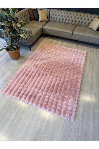 Aries Home Tavşan Tüyü Yumuşak Keçeleşmez Dekoratif Bubble İthal Kalite Post Halı Pembe