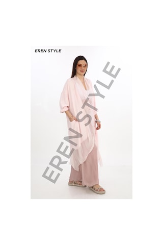 Italyan Ipek Detaylı Oversize Kaftan & Bluz-8711 Pudra