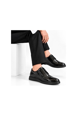 Yalçın Shoes Erkek Siyah Parlak Suni Deri Bağcıklı Klasik Ayakkabı Dokulu Ön Yüzey, Kalın Taban Damatlık Ayakkabı Siyah - 933653717 Siyah