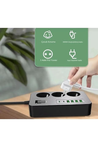 Akım Korumalı 3 Lü Priz 2x Usb-c + 4x Usb-a Hızlı Şarj 2m Kablo Çocuk Korumalı Çoklu Priz 2 M
