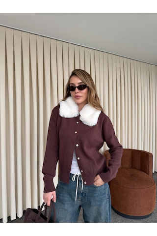 Laluvia Bordo Yakası Kürklü Hırka - 261002 Bordo