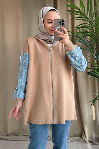 Ka Hijab Kolları Kot Detaylı Triko Hırka - Camel Camel