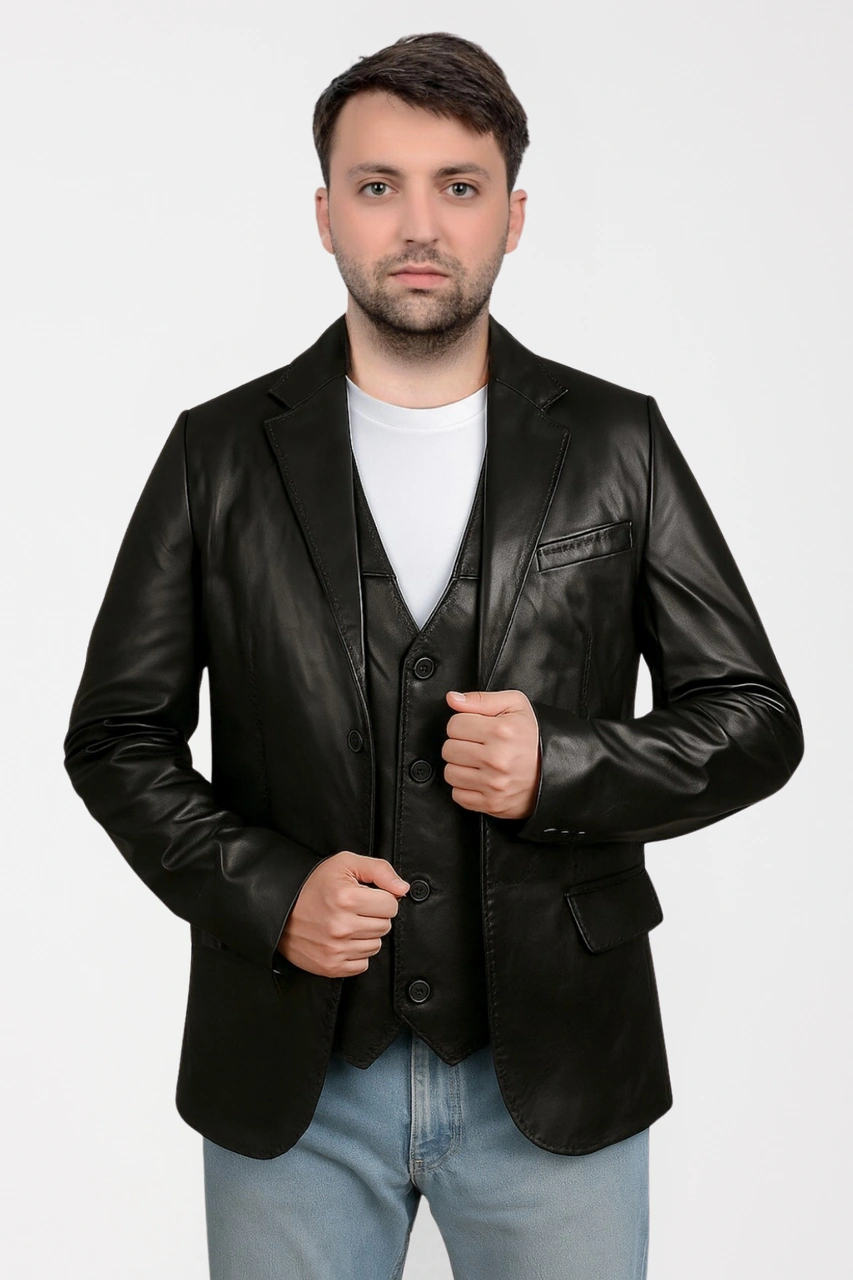 Derije Armada Hakiki Deri Punto Dikişli Erkek Siyah Blazer Ceket & Yelek Siyah