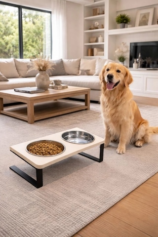 Reyo Ok-ay Store Radessa Xl Yüksek Standlı Çift Hazneli Mama Ve Su Kabı, Büyük Ve Orta Boy Köpek Ve Kedi Su Kabı Paslanmaz Çelik Krem