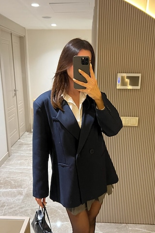Kadın Oversize Kruvaze Blazer Ceket Uzun Kollu, Şık Ve Günlük Klasik Ceket-lacivert - L Lacivert