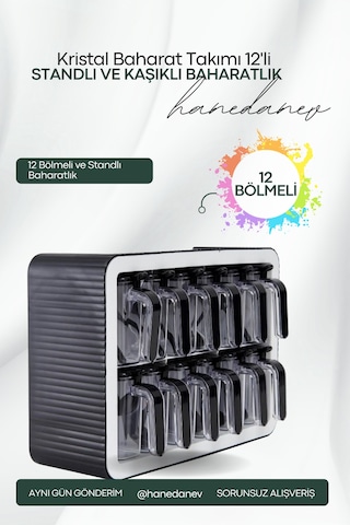 12'li Baharatlık Takımı Standlı Kendinden Yapışkanlı Kaşıklı Ve Kapaklı Baharatlık Seti Antrasit
