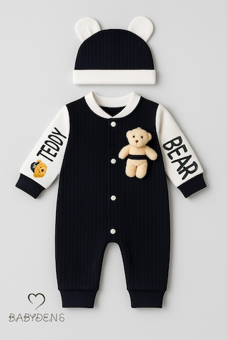 Babyden's Teddy Bear Temalı Yenidoğan Fitilli Tulum Takımı Ayıcıklı Erkek Bebek Tulum Şapka Set %100pamuk Lacivert