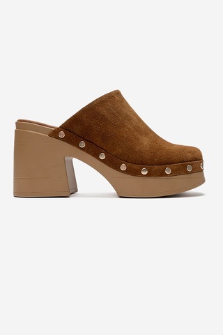 Luvishoes Bellune Taba Süet Hakiki Deri Perçin Detaylı Kadın Kalın Topuklu Terlik