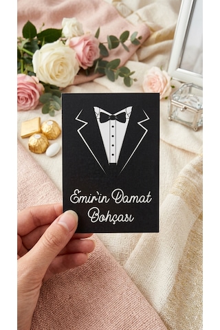 Kişiye Özel Damat Gelin Bohça Kartı / Gelin Bohçası / Hediye Kartı / İsimlik / Düğün Nişan Söz Beyaz - Siyah