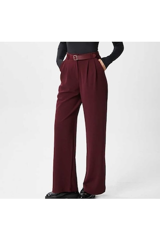 Nevege Butik Kadin Likrali Kemerli Rahat Kesim Palazzo Pantolon-bordo Bordo