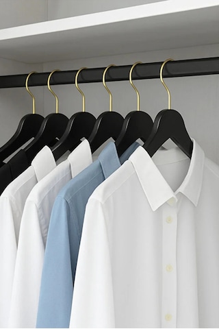 12 Adet - Ahşap Görünümlü Plastik A Kalite Elbise Askısı Tshirt Pantolon Askı Siyah-gold Siyah Gold