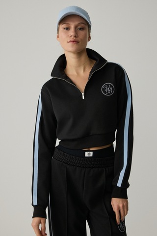 Urban Beat Helena Kadın Dik Yakalı Fermuarlı Küçük Baskı Motifli Crop Siyah Sweatshirt Siyah