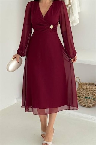 Neşeli Butik Kadın Bel Toka Detaylı Astarlı Şifon Elbise Nbk4329 Bordo