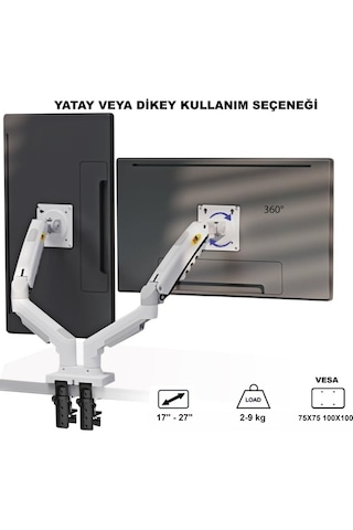 Nb F160 Beyaz Çift Kol Monitör Tutucu 17 27 Gazlı Amortisörlü, 2 9 Kg, Vesa Masaüstü Stand