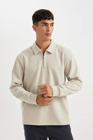 DeFacto Regular Fit Polo Yaka Yarım Fermuarlı Basic Düz Sweatshirt D2279AX24AUGR425 Gri