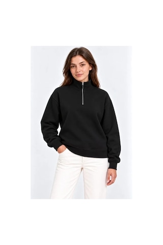 Butik İstanbul Üç İplik İçi Şardonlu Dik Yaka Yarım Fermuarlı Kışlık Sweatshirt - Siyah