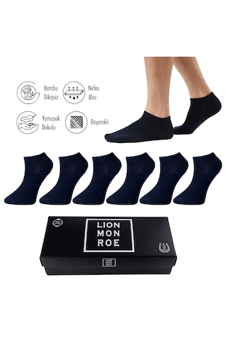 Lion Monroe Saf Bambu Erkek Patik Düz Kısa Lacivert Çorap Dikişsiz Premium Kutulu 6'lı L5952aznp Softaura