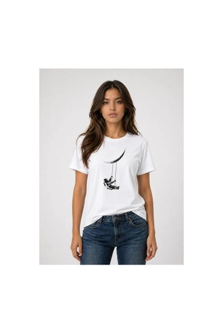 Butik İstanbul Astronot Ay Temalı Tişört Kısa Kol Yazlık Bisiklet Yaka T-shirt - Beyaz