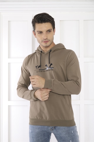 Escetic Spor Erkek Haki Cepli, Kapüşonlu Sweatshirt-4171
