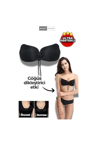 Askısız Yapışkanlı Toparlayıcı Siyah Kelebek Hayalet Silikon Sütyen, Toparlayıcı İpli Dolgunlaştırıcı Siyah