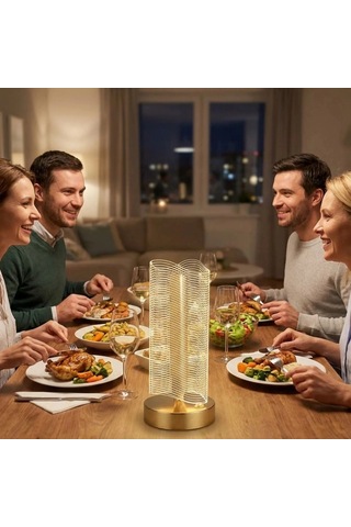 Gece Lambası Dalgalı Silindirik Kristal Çizgili Formlu Led Masa Lambası Tabanlı Dokunmatik 3 Renk Işık Modlu Şarj Edilebilir Modern Dekor Amaçlı Gold . 32032044