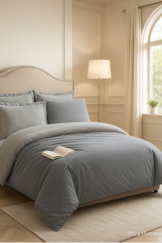 Çift Kişilik Nevresim Takımı Pamuklu Çift Taraflı Lastikli Çarşaflı Antrasit