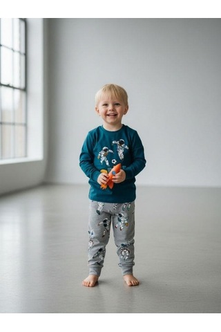 Zekids Erkek Çocuk Space Up Astronot Baskılı Uzun Kollu Pijama Takımı-16843 Yeşil