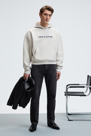 Grimelange TRUETT Erkek Kapüşonlu Kanguru Cepli Önü Ve Sırtı Baskılı Oversize Gri Sweatshirt