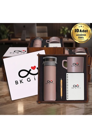 Logonuza Özel 10 Adet Ahşap Kutulu Sütlü Kahverengi Kurumsal Hediye Seti Cam Suluk, Seramik Fincan, Defter Ve Kalemli Promosyon Seti