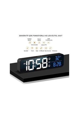 Modern Hd Led Aynalı Dijital Saat, 5 Seviyeli Parlaklık, Çift Alarm, Sıcaklık & Takvim Göstergeli, Şarjlı Masaü Çok Renkli