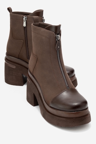 Anett Kahverengi Cilt-süet Fermuarlı Kadın Platform Topuklu Bot Kahverengi Deri