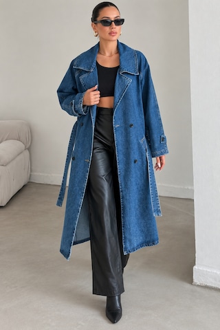 Polo State Kadın Kuşaklı Kruvaze Yaka Oversize Uzun Denim Trençkot Mavi