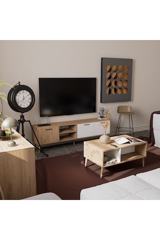 Mezza Set 1585-2074-1624 Exxen Ahşap Ayaklı Tv Ünitesi - Orta Sehpa - Konsol Seti Sepet - Beyaz