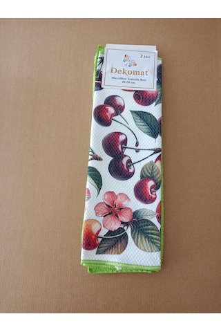 Microfiber Temizlik Bezi 40x50 Cm 2 Adet Kiraz Desen Bir Adet Baskılı Bir Adet Naturel Yeşil