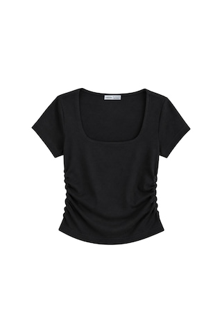 Vadon 1006 Kadın Pamuklu Kare Yaka Yan Büzgü Detaylı Basic Crop T-shirt Bluz Siyah
