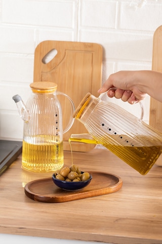 Porsima 2091 Bambu Kapaklı Vakumlu Ölçekli Borosilikat Cam 2li Yağdanlık Yağlık Sirkelik Seti 1000ml Şeffaf