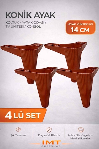 İmt Aksesuar Konik 14 Cm Ceviz 4 Adet Mobilya Ayağı Robot Süpürgeye Uyumlu Koltuk Tv Ünitesi Konsol Ayağı Kahverengi