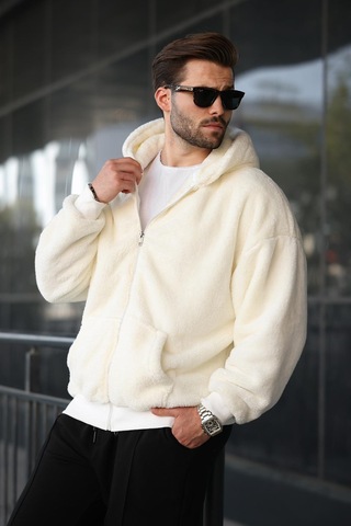 Madmext Ekru Peluş Over Fit Kapüşonlu Fermuarlı Erkek Sweatshirt 6049 Ekru