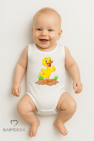 Babyden's %100 Pamuklu Hayvan Figürlü Kolsuz Çıtçıtlı Bebek Body Yazlık Unisex Zıbın Ördek Beyaz